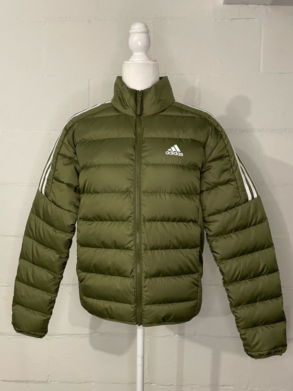 adidas Olive Green Puffer Jacket with White Stripes